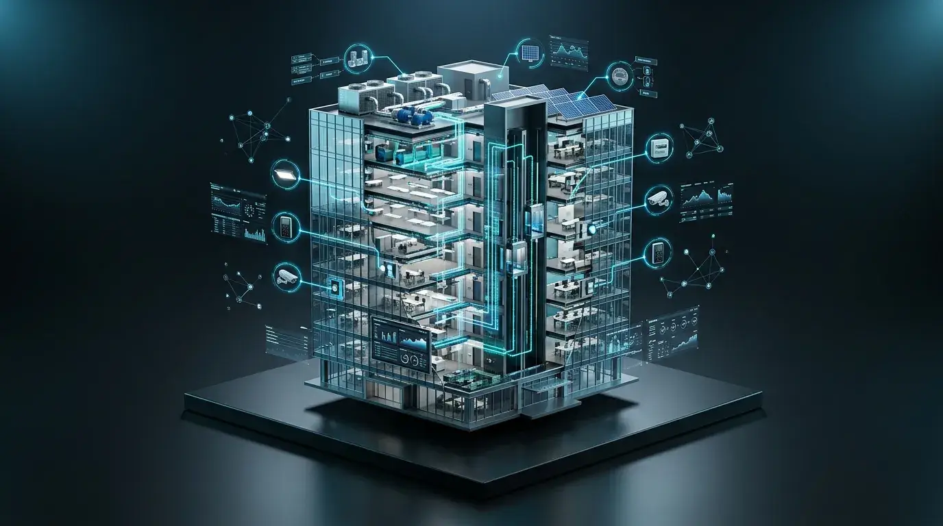 Building Management System dashboard controlling HVAC, lighting, security, and energy systems